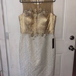 Elegant Gold and Cream Midi Dress